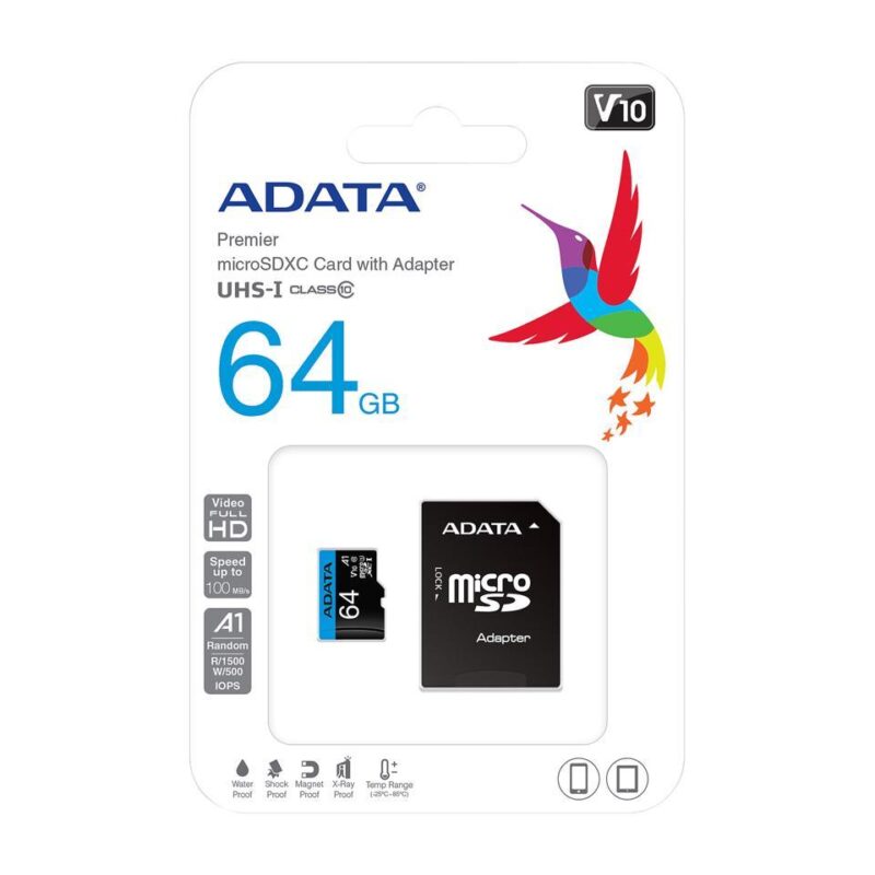 Carte Mémoire ADATA Micro 64GB SDHC Class 10 avec Adaptateur (AUSDX64GUICL10A1-RA1)