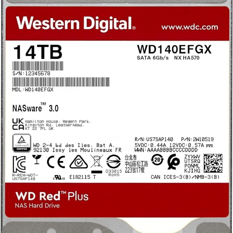 Western Digital Red Plus NAS Disque dur 14 To 3.5″ SATA 7200 RPM 256 Mo (WD140EFGX)