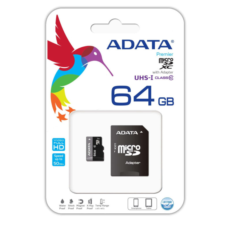 Carte Mémoire ADATA Micro SDHC Class 10 avec Adaptateur (AUSDX64GUICL10-RA1)