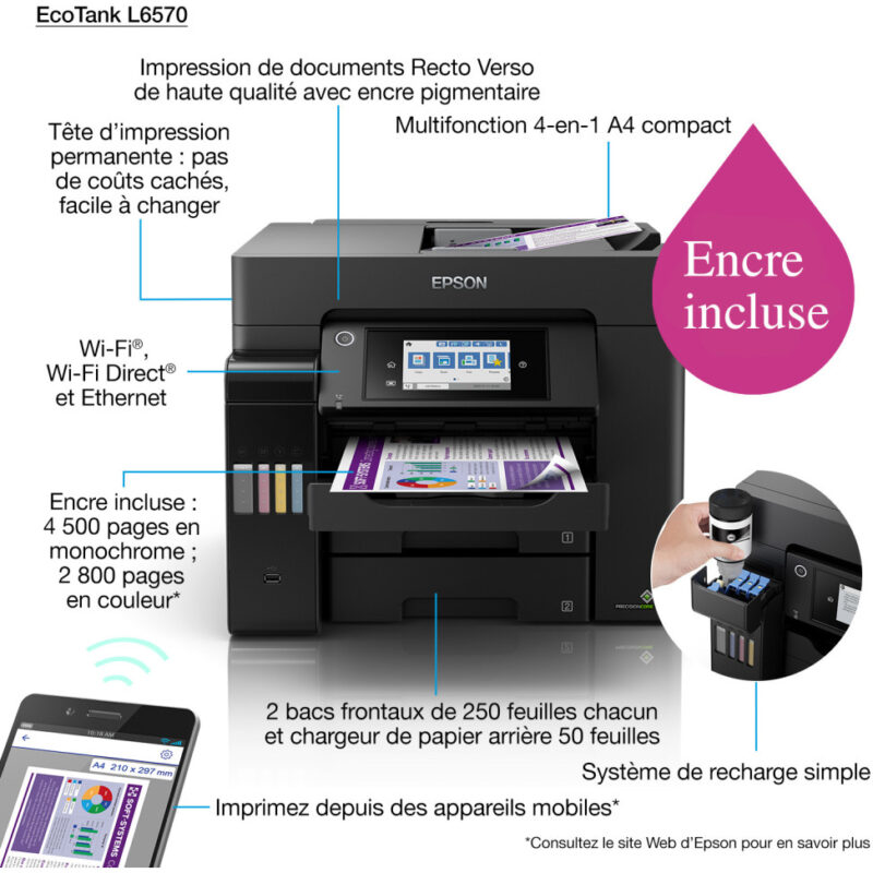 Epson EcoTank L6570 Imprimante multifonction à réservoirs rechargeables (C11CJ29403)