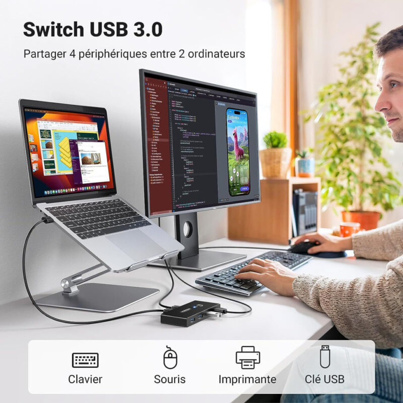 Switch USB 3.0 Ugreen 4 Ports pour 2 PC (30768)